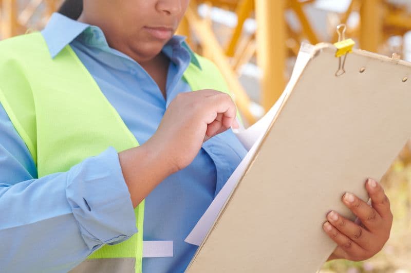 Alvará para MEI: quando o licenciamento é necessário A female engineer in safety gear reviewing documents on a clipboard at a construction site.