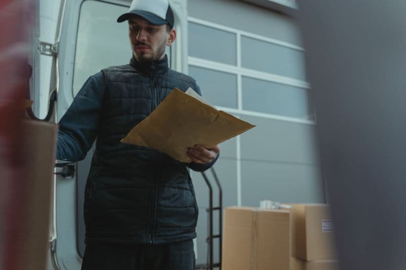 NF-e ou NFS-e: como saber qual emitir Courier organizing packages next to a delivery van beside a building.